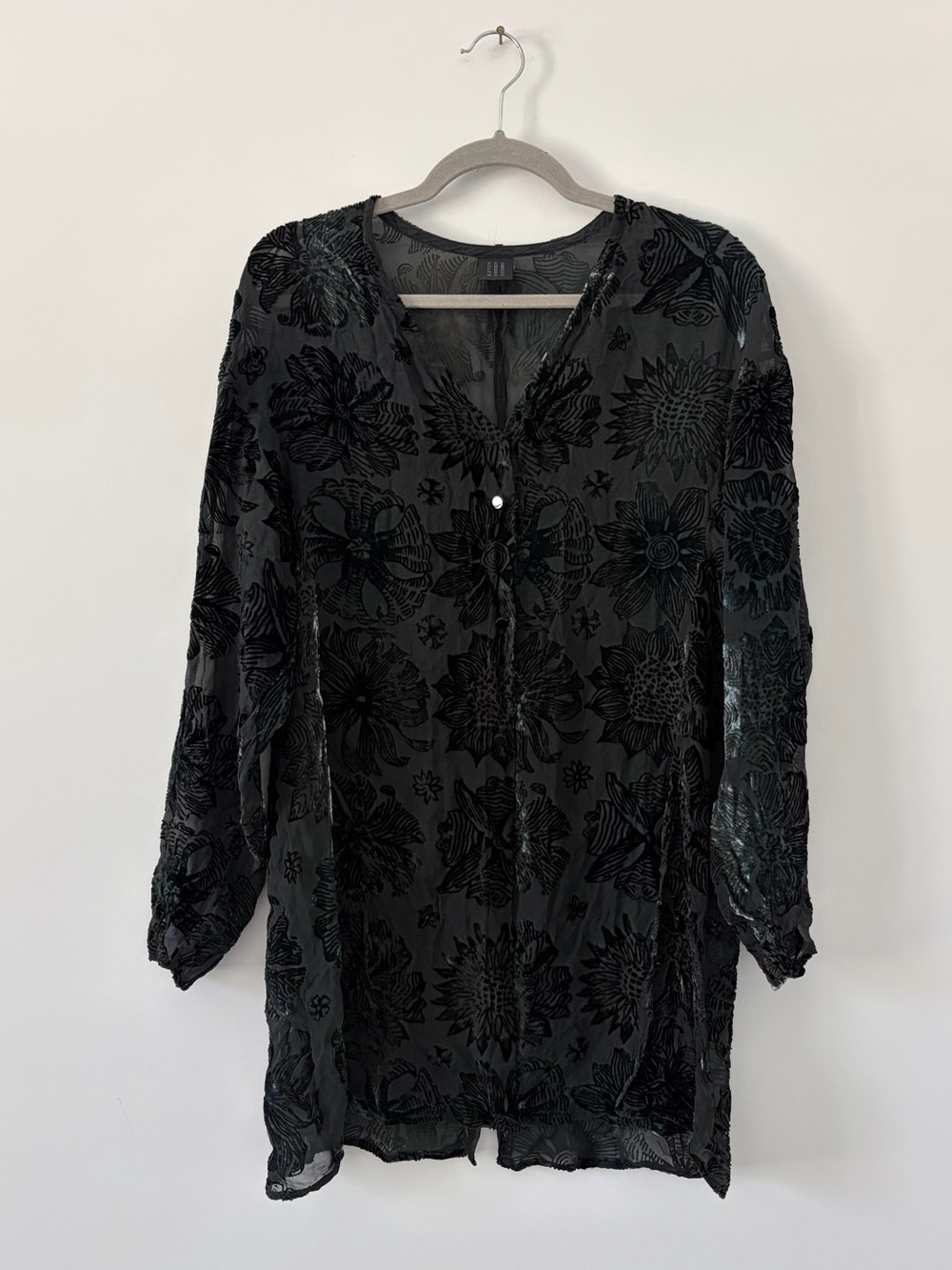 Kevin O’Brien Black Teal Silk Burnout Crushed Velvet Floral Long Sleeve Cardigan